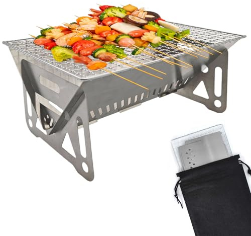 Portable Fire Pit for Camping Small Barbecue Grill Stainless Steel Charcoal Grill with Carrying Bag Mini Tabletop BBQ for Picnic Garden Backyard Terrace Camping Patio Travel