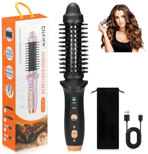 Cordless Curling Iron Brush,3 in 1 Cordless Hair Curler and Straightener Brush,Portable Travel Curling Iron Mini Brush for Women,Curly Straight Hair Travel Heat Styling(Black)