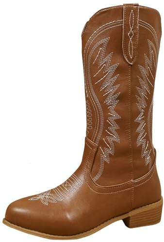 Stivali da cowboyst, da donna, con tacco a blocco, in pelle PU, con ricamo, stile vintage, eleganti, marrone, 38 EU