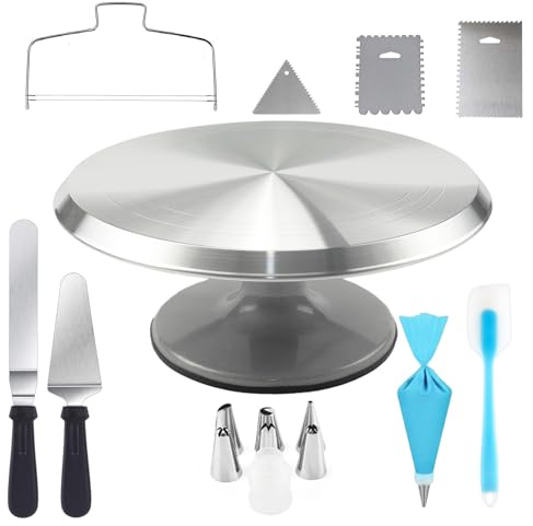 hvominxs Aluminium Cake Turntable Set with Revolving 12 Inch Cake Stand for Decorating, Offset Spatula, Cake Server, Stainless Steel Frosting Icing Smoother, Pastry Bags and Other Baking Tools（16Pcs）