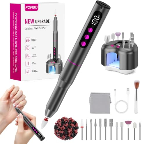 POFIBO Cordless Nail Drill with Nail Lamp – 3-in-1 Charging Base, 13 in 1 Rechargeable Nail File Kit, 35000RPM, LCD Display, 5 Speeds for Acrylic & Gel Nails, Manicure & Pedicure