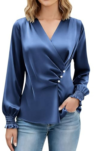 HAOLEI Satin Silk Peplum Tops for Women UK, Ladies Satin Blouses Elegant V Neck Going Out Cowl Neck Long Lantern Sleeve Pleated Shirts Work Business Casual Tunic Top Navy