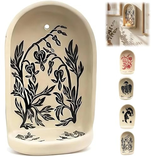 Sacred Wall Niche Collection - Handmade Ceramic Altar with Candle Holder & Jewelry Tray, Mural Wall Decorations and Altars for Meditation Display-Meditation Gifts (Tranquil Garden)