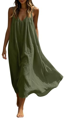 Maxi Dresses Womens Cotton Linen Casual Oversized Tunic Dress Sleeveless Spaghetti Strap Vest Dresses Solid Color A-line Sundress Baggy Beach Long Dress Summer Plain Sundress Green