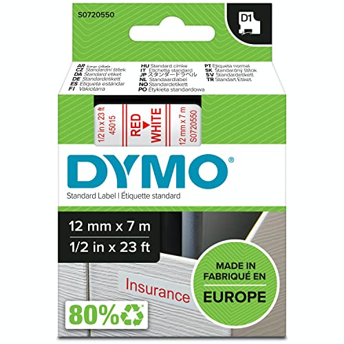 DYMO Authentic D1 Labels | Red Print on White Tape | 12 mm x 7 m | Self-Adhesive Labels for LabelManager Label Makers | Made in Europe