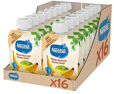 Nestlé iogolino Bolsita de puré frutas, variedad Plátano y Manzana - Para bebés a partir 4 meses Paquete 16 bolsitasx90g