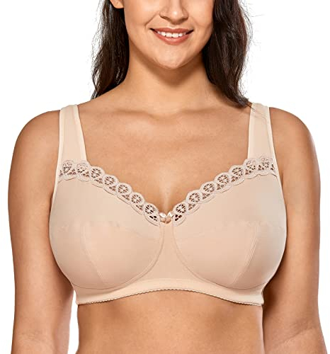 DELIMIRA Donna Reggiseno in Pizzo Senza Ferretto Cotone Taglie Forti Coppa Piena ad Sostegno Beige 4F