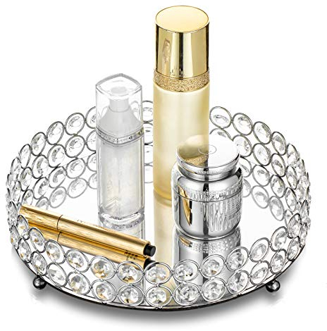 NUPTIO Waschtisch Silber Tabletts Dekorativ: 25cm Durchmesser Make-up Halter für Schminktisch Schmuck Tablett Spiegel Tablett Multifunktionale Schale für Parfüm Schmuck Kerze und Kosmetik