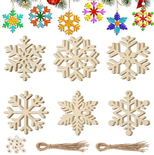 MELLIEX 18 Stück Schneeflocken Christbaumanhänger Holz, Weihnachtsbaumschmuck Holz Weihnachtsbaum Anhänger mit Jute Kordel, für DIY Basteln Geschenk Weihnachtdeko