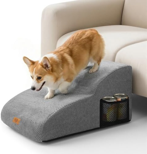 MASTERTOP Escaliers pour Chiens à 2 Marches Étendus en Mousse, Échelle Large pour Animaux de Compagnie, Escaliers Chien Antidérapant pour Animal Âgé/Blessé avec Housse Amovible et Lavable (Gris)