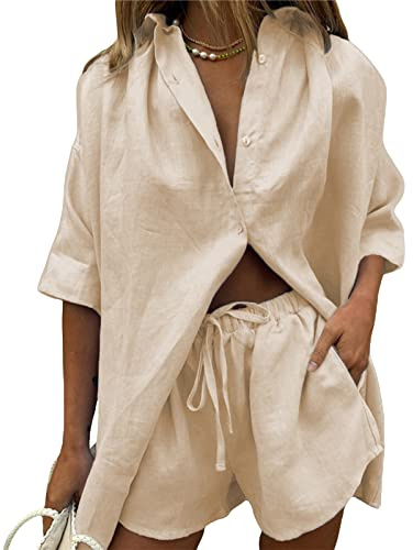 Geagodelia Women's 2 Pieces Outfit Ladies Co Ord Set T-Shirt Top + Shorts Y2k Aesthetic Summer Clothes Streetwear Loungewear Workout (F - Beige, M)