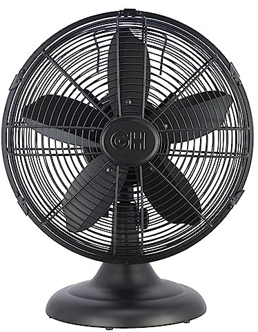 Good Housekeeping 92603 All-Metal 12 Retro Desk Office Table Fan with Wide Oscillation, 3-Speed Settings & Carrying Handle, Matte Black