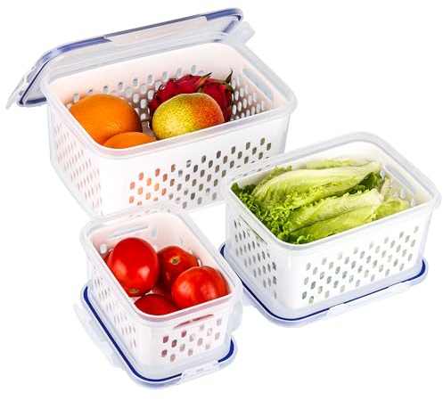 BELLE VOUS 3 Pack of Fresh Produce Saver Storage Containers with Drain Baskets - Reusable Fridge/Freezer Plastic Food Organiser Bins with Lids - Store Vegetables & Fruit - Dishwasher/Microwave Safe