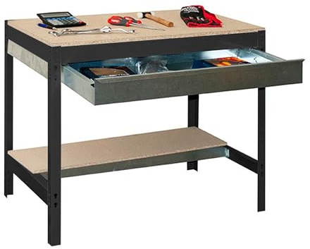 Simon Rack Banco da lavoro per officina, capacità di carico 600 kg, 842x1210x760 mm, Ripiano per cassetti, Tavolo da lavoro fai da te, Antracite/Legno - BT0