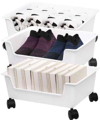 Noamus 3 Pack Under Bed Storage, Underbed Toys Storage Containers with Wheels, Plastic Bedroom Storage Organization, Under Bed Storage Bins Drawer For Clothes Blankets Shoes Books, White
