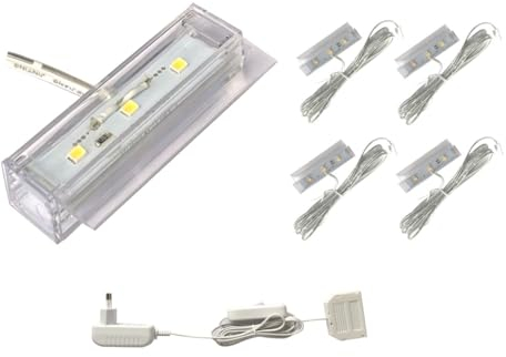 ACCE LED Glasbodenbeleuchtung, Glaskantenbeleuchtung, Vitrinebeleuchtung, Regalbeleuchtung, 2D oder 3D im Set, Leuchtfarbe warmweiß, inklusive Netzteil (3D, 4er set)