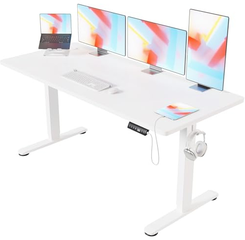 Devoko Escritorio Elevable Eléctrico 180 x 80 cm Blanco | Ajuste eléctrico de altura, 3 memorias de altura, Gestión de cables integrada, Tecnología anticolisión