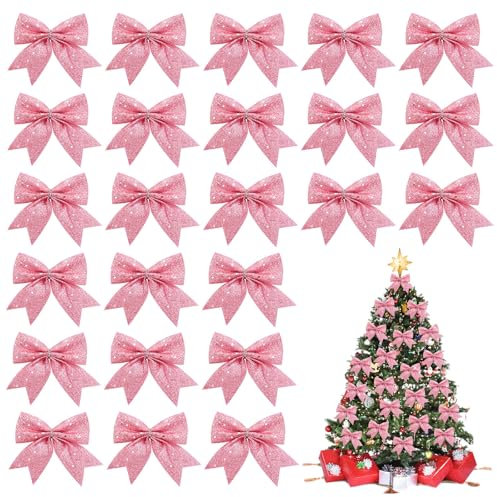 MOTONG 24 PCS Small Pink Christmas Bows, Decorative Glitter Christmas Tree Bows Wreaths Xmas for Tree Ornaments, Sequin Bow Ties Bowknot for Garland,Party,Gift Box Decor
