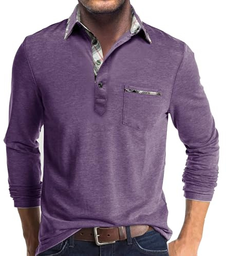 Hopgo Polo da uomo a maniche lunghe con tasca, casual, da lavoro, da golf, Viola, XL