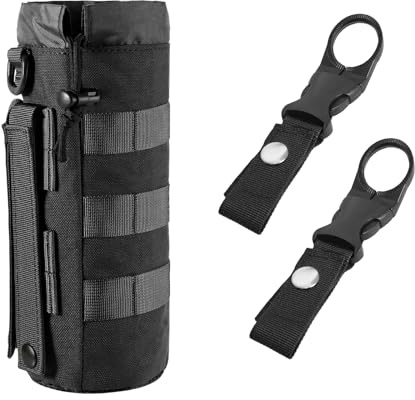 Soporte para botella de agua con clip para cinturón – Funda de nailon compatible con Molle con base de malla – Ideal para actividades al aire libre, camping, senderismo, accesorio para mochila (Negro)
