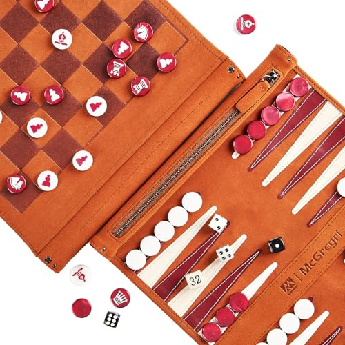 McGregri Travel Chess, Backgammon & Checkers Set, 3 in 1 Folding Roll Up Travel Board Game, Portable Travel Backgammon for Adult (Dark Brown)
