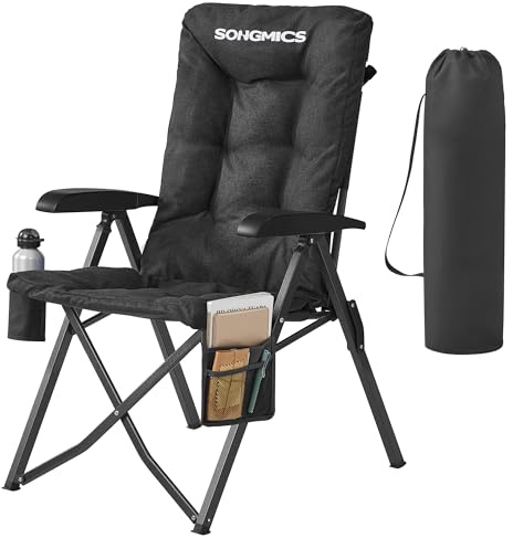 SONGMICS Campingstuhl faltbar, für Erwachsene, 95°-150° verstellbare Rückenlehne, Klappstuhl 6 cm Polsterung, Getränkehalter, Seitentasche, Tragetasche, Garten Camping Angeln, schwarz GCB016BZ01