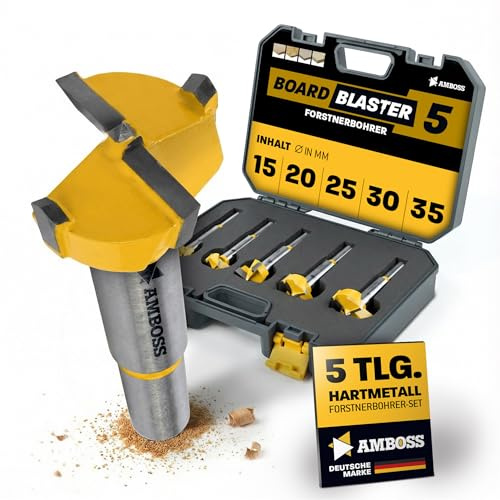 Set di punte Forstner (5 pezzi/Ø 15 – 35 mm) – Utensili a incudine BOARDBLASTER in metallo duro per legno 15/20/25/30/35 mm – fori precisi per legno e pannelli (truciolato, pannelli OSB, multiplex)