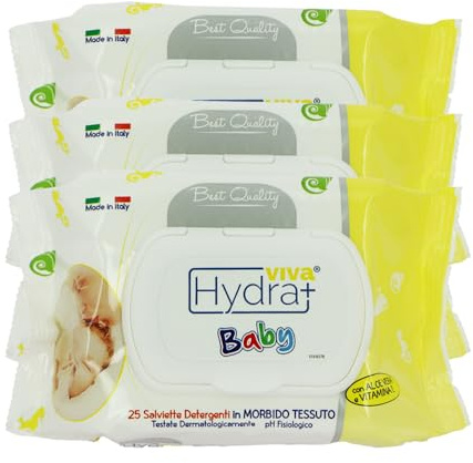 Hydra Viva+ Set 3CF Salviette Baby Detergenti con Aloe Vera e Vitamina E - con Clip, per Bambini, Umidifciate, Cambio Pannolino, Dermatologicamente Testate, PH Fisiologico - Made in Italy