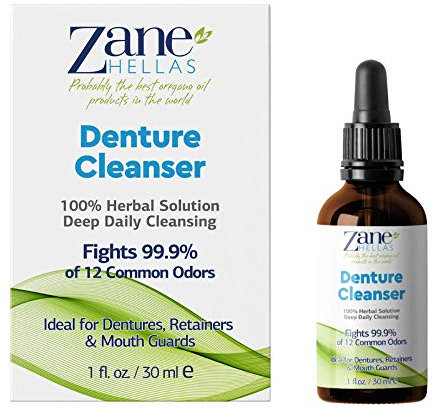 Zane Hellas Limpiador para dentaduras postizas (Denture). Aceite de orégano. Ideal para dentaduras postizas, retenedores, aparatos ortopédicos y protectores bucales.1 fl.oz - 30ml