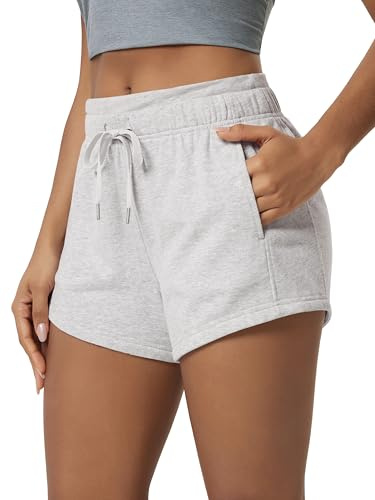 ODODOS Women's Sweat Shorts with Pockets Cotton French Terry Drawstring Summer Workout Casual Lounge Shorts, White Heather, Medium