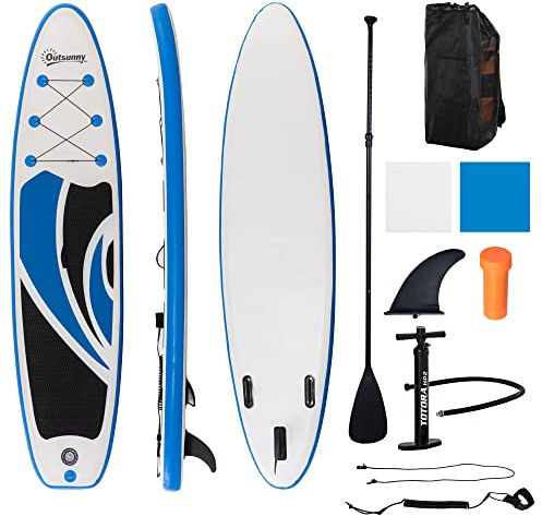 Outsunny 10.6' x 32 x 6 Inflatable Stand Up Paddle Board, Non-Slip & Ultra-Light Deck with ISUP Accessories, Adj Paddle, Pump, Backpack Bag, and Three Bottom Fins, for Youth Adults Beginner