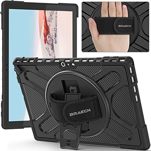BRAECN Hülle für Microsoft Surface Pro 7 Plus/Pro 7/Pro 6/Pro 5/Pro 4/Pro LTE 12,3 Zoll, Stoßfeste Robuste Tragbare Hülle mit 360° Drehbarem Ständer und Handgurt, Schwarz