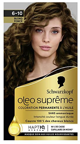 Schwarzkopf – Oleo Suprême – Coloration Permanente à l’Huile – Couleur et Eclat Longue Durée – sans Ammoniaque – Couvre 100% des Cheveux Blancs – HaptIQ Système – Blond Foncé 6-10