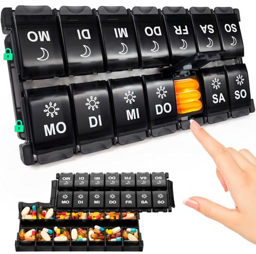 Tablettenbox 7 Tage, Pillendose 14 Tage 2 Fächer, Morgens Abends Medikamentenbox 14 Fächer mit Druckknopf Design, Tabletten Organizer für Fischöl, Nahrungsergänzungsmittel