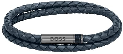 BOSS Jewelry Pulsera para Hombre Colección ARES con Cuero Trenzado Azul de Doble Vuelta - 1580494S