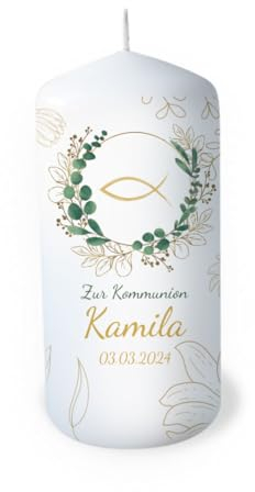 Vela de comunión personalizada con nombre como decoración de mesa. Decoración de mesa de comunión como regalo personalizable. Vela de eucalipto pescado corona Ichthys tiempo de combustión: 35 horas,