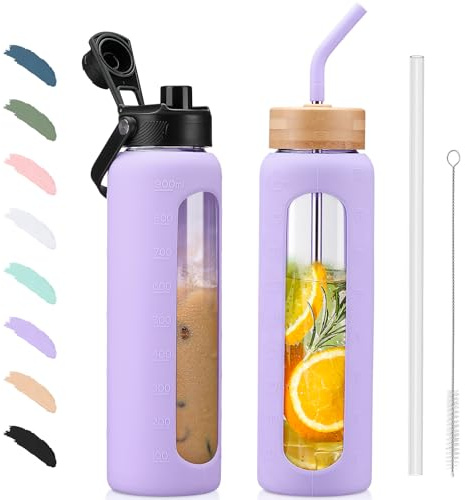 BLUEGO 900ml Glass Water Bottle with Straw and 2 Lids Glass Coffee Cup with Time Marker and Silicone Protector Glass Tumbler for Beverages Soda Cola BPA Free, Purple