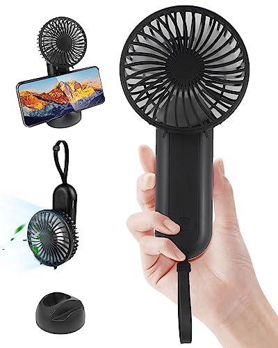 KALAHOL Handventilator, Tragbarer Mini Ventilator mit 4 Windgeschwindigkeit mit Lanyard, Wiederaufladbarer, Faltbarer USB-Lüfter mit Powerbank, 5000 mAh [5-18 Stunden], für Zuhause, Reisen - Schwarz
