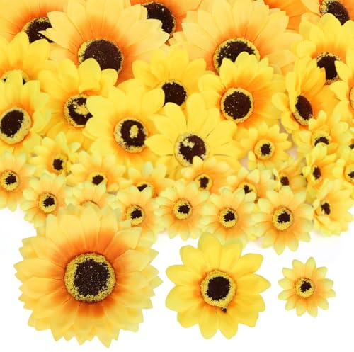Epokus 40pcs Sonnenblumen Kunstblumen Kopf 9cm + 7cm + 4cm, Künstliche Sonnenblume Blumenköpfe, Sonnenblumen Seidenblumen, Gelb Deko Blüten für Basteln DIY Hochzeit Garten Party Dekoblumen Sunflower