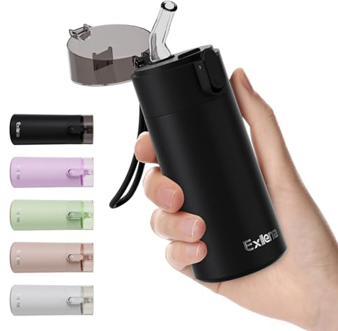Exllena Small Water Bottle 150ml with Straw - Small Flask with One-Hand Open Design, Leak-Proof Locking Lid, 4-6 Hours Hot/Cold Retention and Portable for Coffee, Milk, or Any Beverage(Black)
