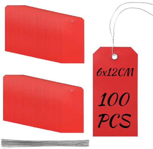Rustark Lot de 100 étiquettes d'expédition en plastique imperméable avec trous pour bagages, garage, inventaire, pièces de voiture - Rouge - 6 x 12 cm