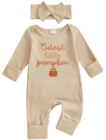 Geagodelia Newborn Baby Girl Halloween Baby Grow with Mittens Pumpkin Print Long Sleeve Ribbed Romper and Headband Set My First Halloween Outfit (Cutest Little Pumpkin Khaki, Newborn)