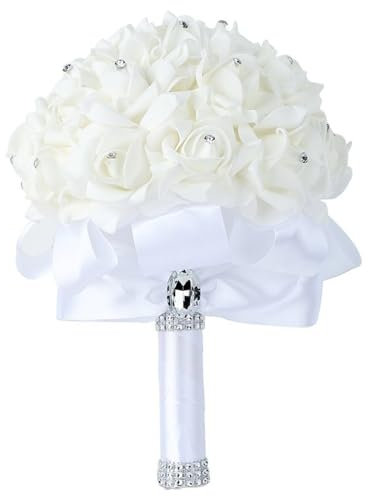 Jorzer Wedding Bouquets for Bride, 7x9in Elegant White Artificial Foam Rose Bridal Bouquet with Crystals Soft Ribbons for Wedding Ceremony & Anniversary Bouquet