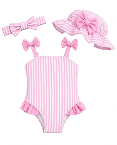 DivingBirds Traje de baño para bebé niña con sombrero de sol y diadema, conjunto, traje de baño de una pieza para recién nacido, regalo de verano de playa, Raya Rosada, 6-9 meses