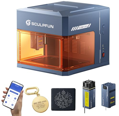 SCULPFUN iCube Ultra Dual 12W Incisore Laser Metallo, Laser Diodo 12W + Infrarosso 1,2W, Macchina Taglio e Incisione Laser Chiusa con Autofocus e Filtro Fumi, Area incisione 150×135mm