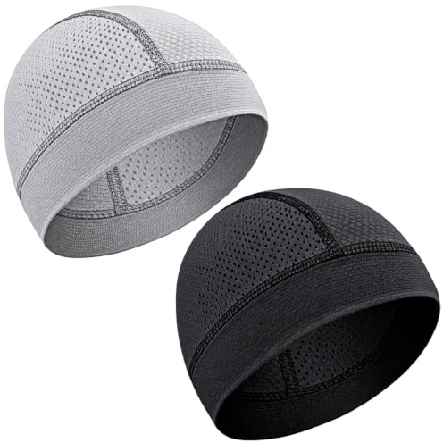 Macuezu 2 Pack Cooling Skull Cap for Men Women, Breathable Mesh Beanie Quick Dry Helmet Liner Skully Caps for Running Cycling Gym
