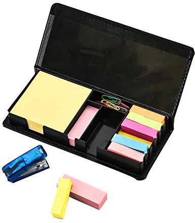 ARPAN Sticky Memo Note Desk Organiser Set with Index Tabs, Mini Stapler & 20 Paper Clips, Faux Leather Look Desk Box, 20 x 9.5 x 2.5 cm, Black