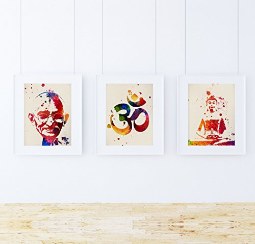Nacnic Indien Aquarell 3-er set Poster. Wasserfarbe Stil Wanddekoration Abbildung von Ghandi, Aum und Buddha. Verschiedene mehrfarbige Indien- und Weltkultur Bilder ohne Rahmen. Größe 30x40cm.