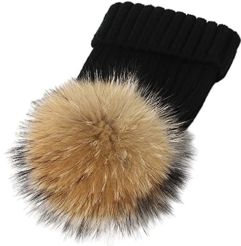 Feifanshop - Cappello invernale da donna in lana con pompon di veri capelli, Nero , Taglia unica