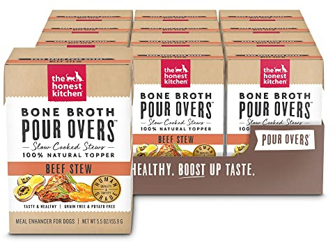 The Honest Kitchen Human Grade Bone Broth POUR OVERS Wet Toppers for Dogs (12 Pack), 5.5 oz - Beef Stew
